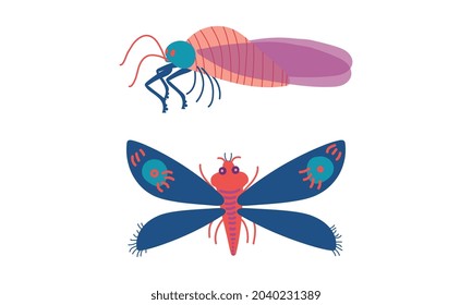 Insects as Hexapod Flying Creature with Jointed Legs and Pair of Antennae Vector Set