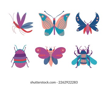 Insects as Hexapod Flying Creature with Jointed Legs and Pair of Antennae Vector Set