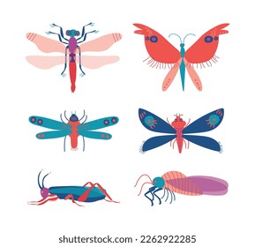 Insects as Hexapod Flying Creature with Jointed Legs and Pair of Antennae Vector Set