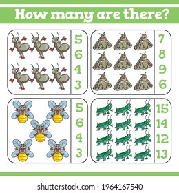 Insekten Wie viele gibt es? Counting Game für Vorschulkinder. Zähle, wie viele pädagogische Spiele ein mathematisches Spiel sind! 
