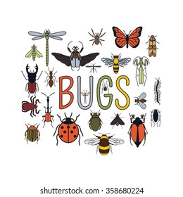 Insects icon flat style. 24 pieces in set. Colour version. Vector illustration