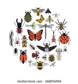 Insects icon flat style. 24 pieces in set. Color version. Vector illustration