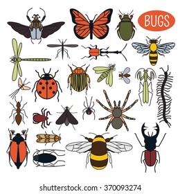 Insects icon flat style. 24 pieces in set. Colour version. Vector illustration