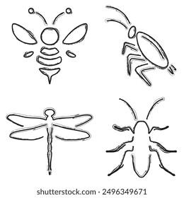 insects icon set, brush strokes on a white background. Vector illustration.