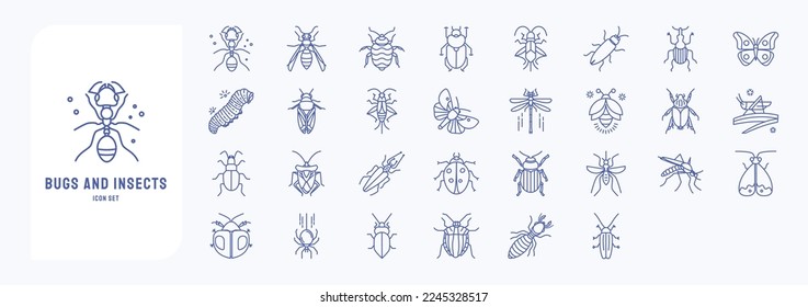  Bugs and Insects icon set, including icons like Ant, Beetle, boxelder, Caterpillar, Spider, Termite, Titan beetle, Bed bug, Firefly, Grasshopper, butterfly. vector illustrations