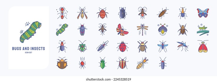  Bugs and Insects icon set, including icons like Ant, Beetle, boxelder, Caterpillar, Spider, Termite, Titan beetle, Bed bug, Firefly, Grasshopper, butterfly. vector illustrations