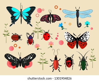 Insects icon set. Set of line icons. Butterfly, bug, dragonfly. Nature concept. Illustrations can be used for topics like nature, insects, environment 