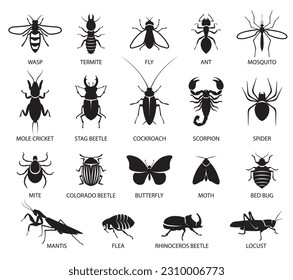 Inserta un conjunto de iconos. Señales de una variedad de insectos, mariposas, plagas y parásitos. Control de plagas. Ilustración del vector