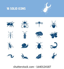 Insects icon set and snail with fly, aphid and stag beetle. Millipede related insects icon vector for web UI logo design.