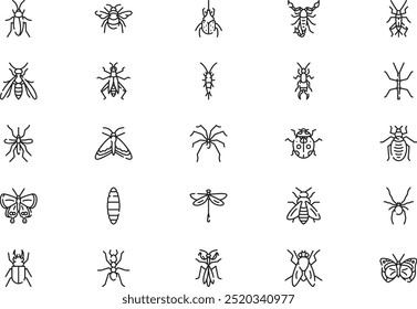 A coleção de pacotes de ícones de insetos é uma ilustração vetorial com traçado editável.