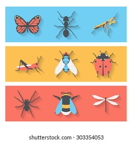 Insects icons set. Collection of flat vector web icons. Vector template butterfly and bugs creatures .