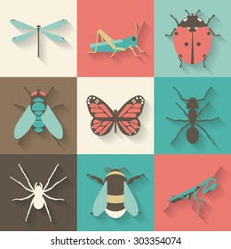 Insects icons set. Collection of flat vector web icons. Vector template butterfly and bugs creatures .