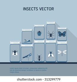 Insects icons set. Collection of flat style long shadow vector web icons. Vector template butterfly and bugs creatures in a pots. Iconographic card with place for your text.