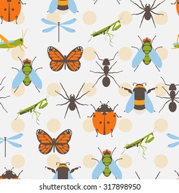 Insects icons set. Flat vector web butterfly and bugs creatures icons. Seamless background texture.