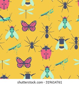 Insects icons set. Flat vector web butterfly and bugs creatures icons. Seamless background texture.
