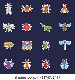 Insects icons set stikers collection vector with shadow on purple background