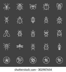 Insects icons set - vector collection of bugs, flies and beetles in line style on dark background