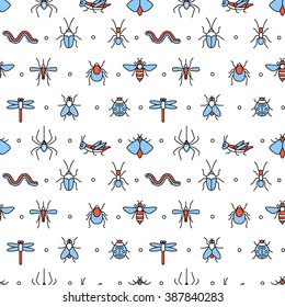 Insects icons square seamless pattern. For store sales decoration. Thin line art flat objects texture illustration.