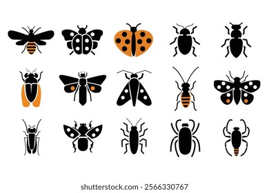 The insects include a bee, a butterfly, a ladybug, a beetle, an ant, a grasshopper, a cicada, a dragonfly, a moth, a cricket, a scarab, a termite, a firefly, a cockroach, a spider, and a scorpion