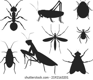 Insects large set ant grasshopper Ladybug mosquito cockroach isolated Vector Silhouettes