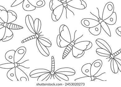 Insectos arte de línea para colorear página. Actividad colorida consciente. Página para colorear de alivio de estrés. Ilustración vectorial de mariposa y libélula