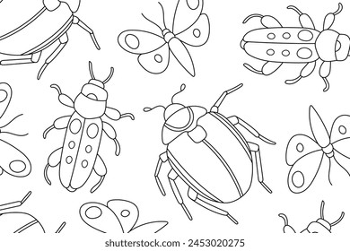 Insectos arte de línea para colorear página. Actividad colorida consciente. Página para colorear de alivio de estrés. Ilustración vectorial de insectos y escarabajos