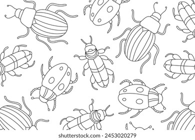 Insectos arte de línea para colorear página. Actividad colorida consciente. Página para colorear de alivio de estrés. Ilustración vectorial de insectos y escarabajos