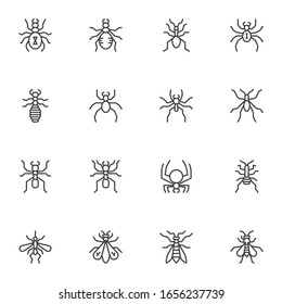 Insects line icons set. linear style symbols collection, outline signs pack. Hexapod bugs vector graphics. Set includes icons as spider, mosquito, fly, ant, moth, mite, pest, cricket, grasshopper