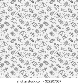 Insects linear pattern - vector seamless texture or background with bugs and beetles in thin line style