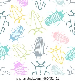Insects linear pattern - vector seamless texture or background with bugs and beetles in thin line style. Vector doodle illustration.