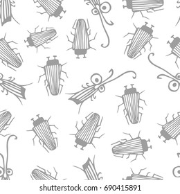 Insects linear pattern - vector seamless texture or background with bugs and beetles in thin line style. Chaotic silhouettes of insects. Vector doodle illustration.