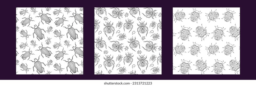 Insects linear set of pattern - vector seamless texture or background with different form bugs in line style. Vector illustration isoleted on white background