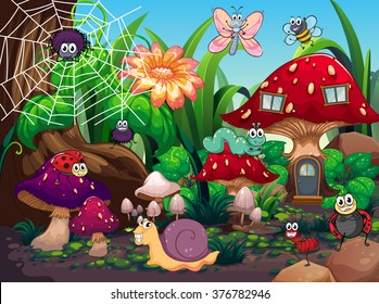 Insects living together in the garden illustration