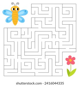 Insects maze game para los niños. Mariposa linda buscando un camino hacia la flor. Hoja de trabajo imprimible con solución para la escuela y preescolar.