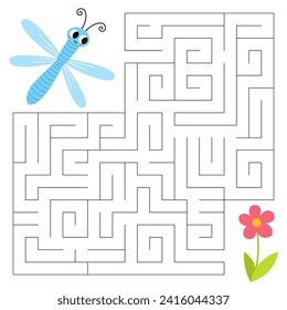 Insects maze game for kids. Cute dragonfly looking for a way to the flower. Printable worksheet with solution for school and preschool.