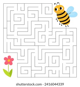 Insects maze game for kids. Cute bee looking for a way to the flower. Printable worksheet with solution for school and preschool.