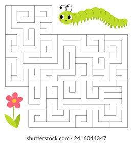 Insects maze game for kids. Cute caterpillar looking for a way to the flower. Printable worksheet with solution for school and preschool.