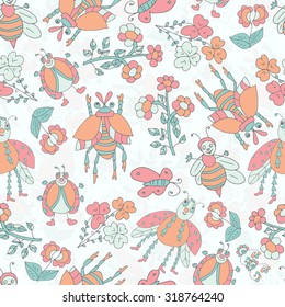 The insects in the meadow. Cockroach, butterfly, ladybug, bee. The background texture. Seamless. Funny, children's. Doodle, sketch