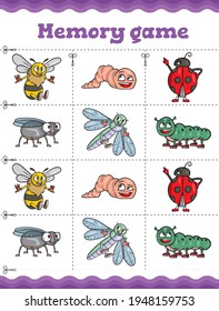 Insects Memory game. Educational game for children. Cartoon vector illustration.