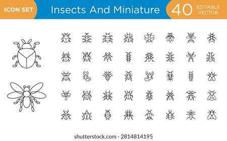 Insects And Miniature Bugs Vector Line Icon Set For Beetles Bees Ants Flies Biological Science Entomology Nature Study And Pest Control Symbol Design