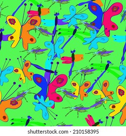 Insects  multicolored seamless pattern on a green background. Handmade.