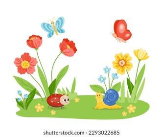 Insects in nature. Ladybug and snail on grass. Dragonfly and butterfly fly near flowers. Spring and summer time of year. Flora and fauna, nature and wild life. Cartoon flat vector illustration