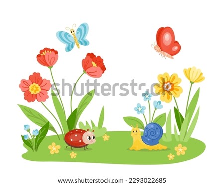 Insects in nature. Ladybug and snail on grass. Dragonfly and butterfly fly near flowers. Spring and summer time of year. Flora and fauna, nature and wild life. Cartoon flat vector illustration