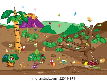 Insects on the ground, among the flowers and plants, vector and illustration cartoon - insect. EPS8 File no Gradients, no Effects, no mesh, no Transparencies. 