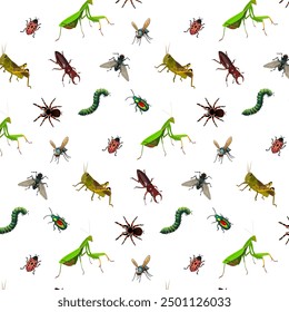 Insects on a white background.Vector seamless pattern with colored insects on a white background.