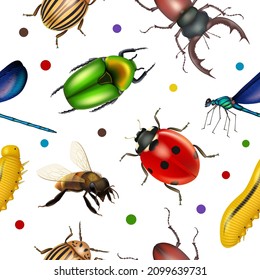 Insects pattern. Bugs botanical flying insects flies decent vector seamless background for textile design projects