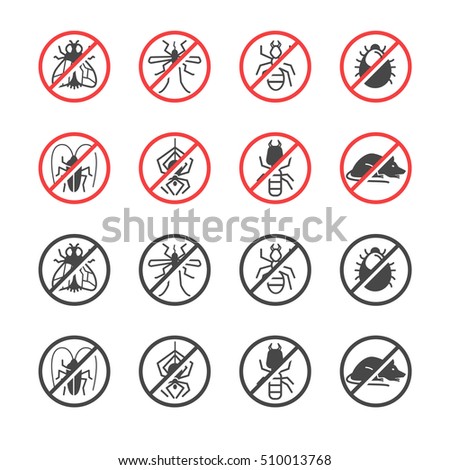 Insects and Pest control services. Anti pest emblem and badge. Included the icons as fly, mice, termite, cockroach, flea, mosquito and more.