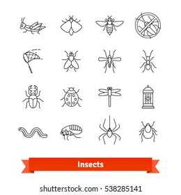 Insects & pest extermination thin line art icons set. Linear style symbols isolated on white.