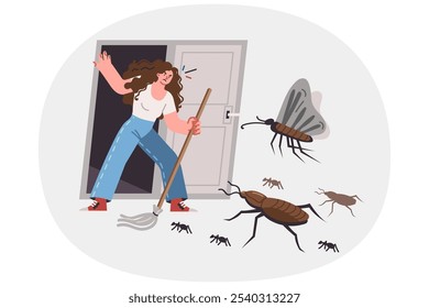 Insects and pests attack woman trying to enter apartment after thorough cleaning or disinfection. Girl holds mop, standing in doorway of house and fighting insects or ants with flies