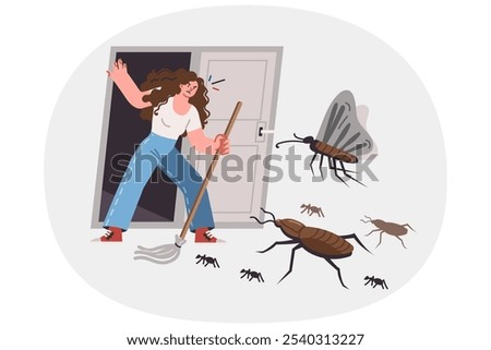 Insects and pests attack woman trying to enter apartment after thorough cleaning or disinfection. Girl holds mop, standing in doorway of house and fighting insects or ants with flies